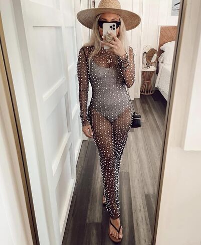 Women Sexy Pearl See Through Long Sleeve Crop Tops Mesh Sheer Rhinestone Blouse Shirts Party Clubwear in Kuwait