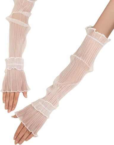 GORGLITTER Women's Mesh Sheer Ruched Arm Sleeves Ruffle Hem Gloves in Kuwait