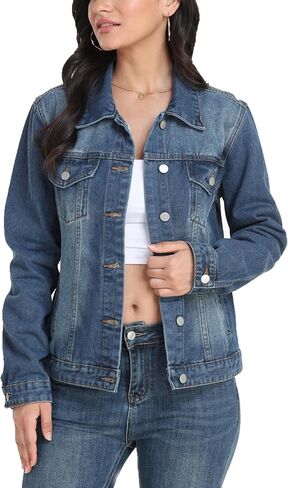 PEIQI Classic Jean Jackets for Women Basic Long Sleeve Button Downs Ripped Denim Jackets in Kuwait