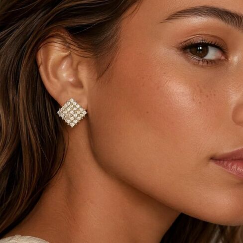 Sonateomber Large Gold CZ Square Geometric Stud Earrings for Women - Big Vintage Sparkly Cubic Zirconia Crystal Statement Rhombus Studs Prom Jewelry Gift in Kuwait