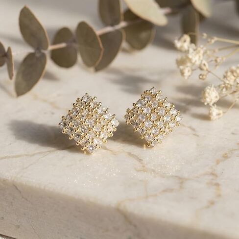 Sonateomber Large Gold CZ Square Geometric Stud Earrings for Women - Big Vintage Sparkly Cubic Zirconia Crystal Statement Rhombus Studs Prom Jewelry Gift in Kuwait