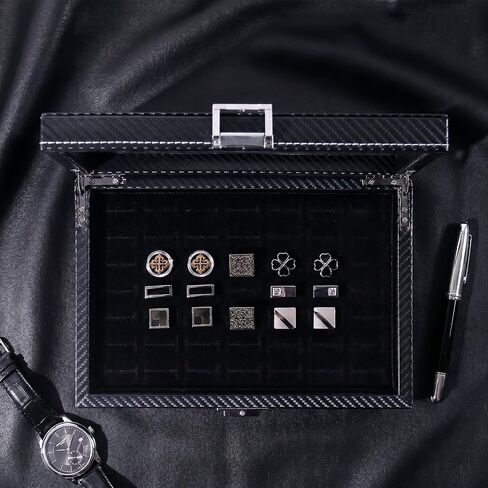 Byken Ring Organizer for Jewelry,Rings Display Case,Small Travel Jewelry Box,49 Slots Carbon Fiber Cufflink Storage Tray with Glass Lid,Black in Kuwait