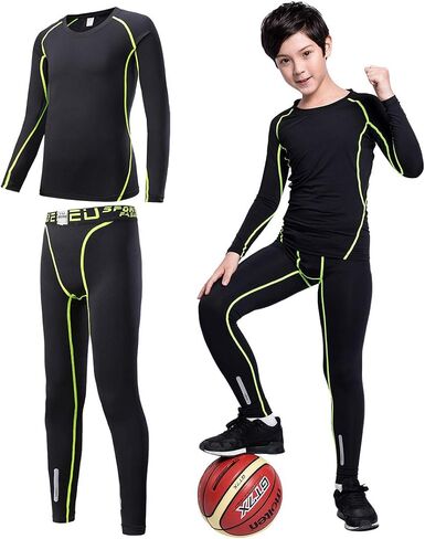 2/3/4 Pcs Boys Girls Base Layer Athletic Compression Leggings and Shirts Thermal Underwear Set Running Pants Tights in Kuwait