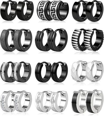 ONESING 31 Pcs Men Earrings Set Black Stainless Steel Dangle Hoop Ear Stud Punk Kpop Piercing Jewelry for Unisex Earrings for Men Women in Kuwait