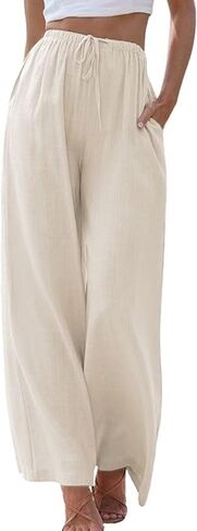Himosyber Women Cotton Linen Pants Wide Leg High Waist Flowy Summer Beach Drawstring Pant Trouser in Kuwait