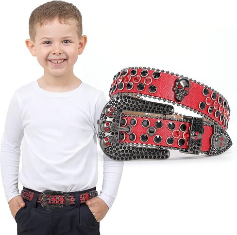 SUOSDEY Kids Rhinestone Belt Skull Stylish Leather Belt for Boys Girls, Western Bling Cowboy Cowgirl Belt for Jeans Pant in Kuwait