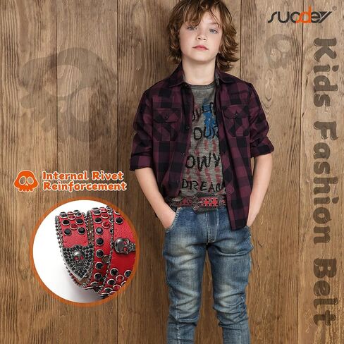 SUOSDEY Kids Rhinestone Belt Skull Stylish Leather Belt for Boys Girls, Western Bling Cowboy Cowgirl Belt for Jeans Pant in Kuwait