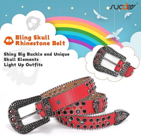 SUOSDEY Kids Rhinestone Belt Skull Stylish Leather Belt for Boys Girls, Western Bling Cowboy Cowgirl Belt for Jeans Pant in Kuwait