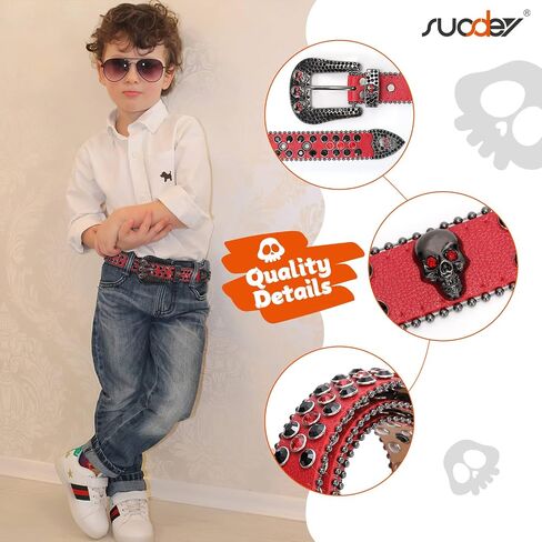 SUOSDEY Kids Rhinestone Belt Skull Stylish Leather Belt for Boys Girls, Western Bling Cowboy Cowgirl Belt for Jeans Pant in Kuwait