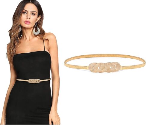LEACOOLKEY Women Metal Skinny Belt for Dress Gold Elastic Thin Waist Belt Stretch Dress Belt in Kuwait