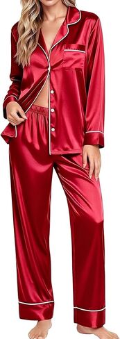 SWOMOG Couples Matching Pajamas Sets Silk Satin Long Sleeve Button Down Sleepwear 2 Pieces Classic Loungewear in Kuwait