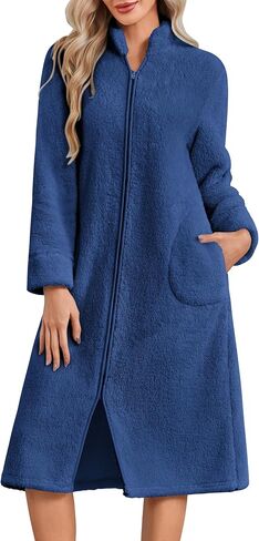 Ekouaer Women's Zip Up Robe Fleece Bathrobe Long Zipper Lounger Warm Housecoat Long Sleeve Nightgown with Pockets S-XXL in Kuwait