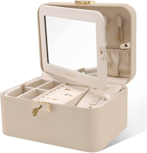 KAMIER Jewelry Holder Organizer, 2 Layers PU Leather Jewelry Box, Large Capacity, Double Lock and Large Mirror, Hidden Necklace Hooks, Removable Dividers, Gift Box Packaging, Black in Kuwait