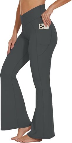 Women’s Flare Crossover Leggings with Tummy Control, High Waist Wide Leg Yoga Pants with Pockets in Kuwait