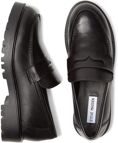 Steve Madden Lotto Black Leather Retro Lug Sole Low Chunky Heel Penny Loafer (Black, 8) in Kuwait