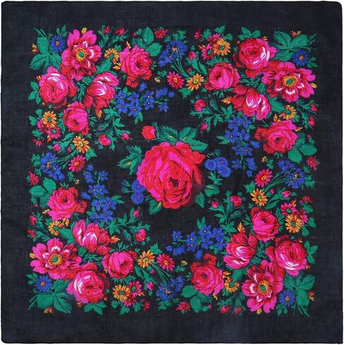 MJ SERECA Acrylic Bandana Printed Hair Scarf Square Ukrainian Head Scarf Floral Babushka Neck Scarf for Women 30"/42"/60" in Kuwait
