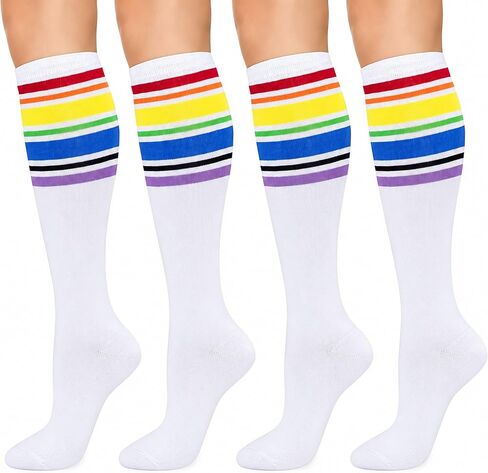 Knee High Socks for Women and Girls – 4 Pairs Striped Tube Socks with Non-Slip Ribbed Cuffs (Shoe Size 6-10) in Kuwait