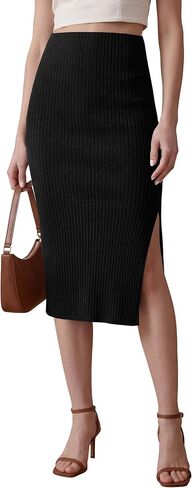 EXCHIC Women's Textured Knitted Knee Length Pencil Skirt Elastic High Waist Basic Tube Midi Skirt Side Slit in Kuwait