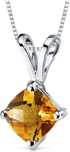 PEORA Solid 14K White Gold Citrine Pendant for Women, Genuine Gemstone Birthstone Classic Solitaire, Cushion Cut, 6mm, 1 Carat total in Kuwait