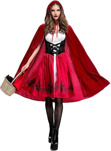 Cuteshower Women Little Red Riding Hood Costume Halloween Hood Cape Party Dress in Kuwait