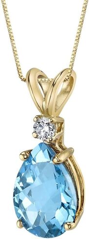 Peora 14K Yellow Gold Swiss Blue Topaz with Diamond Pendant for Women, Genuine Gemstone Birthstone Elegant Teardrop Solitaire, Pear Shape, 10x7mm, 2.30 Carats total in Kuwait