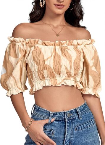 LYANER Women's Off Shoulder Ruffle Trim Ruched Short Sleeve Blouse Crop Top in Kuwait