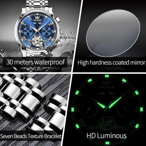OLEVS Automatic Watch for Men Self Winding Mechanical Luxury Business Stainless Steel Multi Calendar Waterproof Luminous Wrist Watches in Kuwait