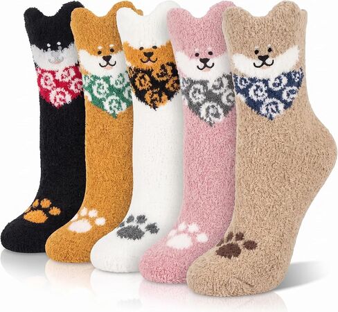 Fuzzy Socks for Women 5 Pairs Winter Warm Fluffy Slipper Socks Soft Cute Cat Animal Socks, C-Grey & Pink & White & Yellow & Black in Kuwait