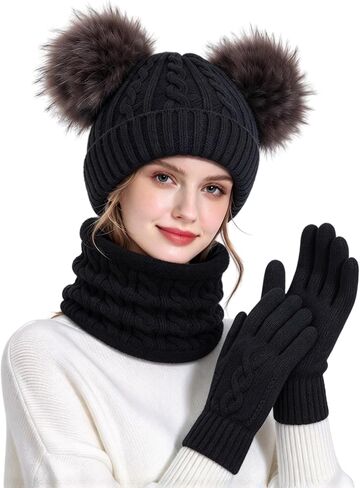 3 Pcs Women Winter Beanie Hat Scarf Touchscreen Gloves Warm Knit Neck Warmer Cap with Double Pom in Kuwait