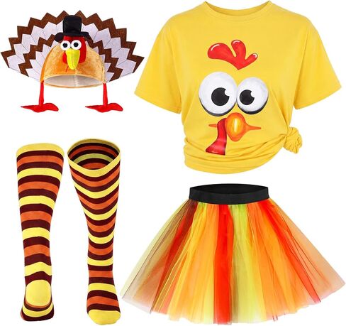 HooLing 4 Pcs Thanksgiving Turkey Costumes Set for Women Turkey Face T Shirt Tutu Skirt Knee High Socks Gobbler Hats in Kuwait