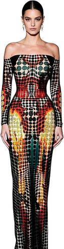Suillty Women Sexy Off Shoulder Long Sleeve Maxi Dress 3D Body Geometric Printed Color Block Bodycon Dresses in Kuwait