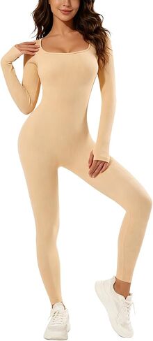 Baetty Long Sleeve Jumpsuit for Women - One Piece Womens Jumpsuits, Bodycon Seamless Ribbed Yoga Workout Jumpsuit Romper in Kuwait