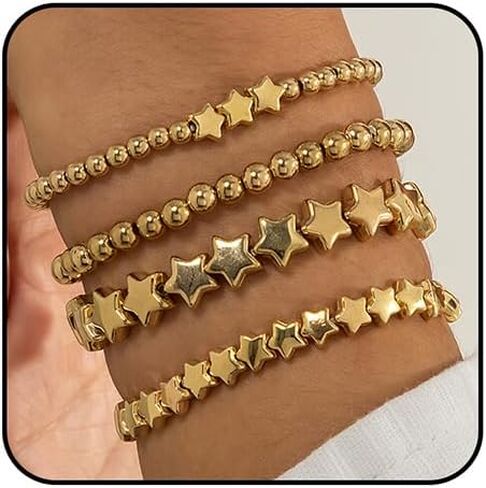 Xerling 4Pcs Gold Beaded Bracelets for Women Stars Ball Chain Bracelets for Teen Girls Stretchable Elastic Bracelet Light Weight in Kuwait