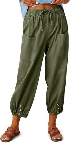 Women's High Waist Style Loose Pants Drawstring Capri Pants with Pockets Wide Leg Ankle Cropped Pants for Women in Kuwait
