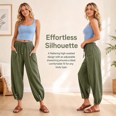 Women's High Waist Style Loose Pants Drawstring Capri Pants with Pockets Wide Leg Ankle Cropped Pants for Women in Kuwait