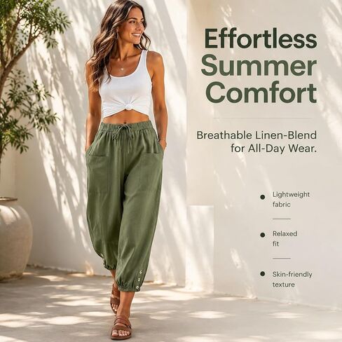Women's High Waist Style Loose Pants Drawstring Capri Pants with Pockets Wide Leg Ankle Cropped Pants for Women in Kuwait