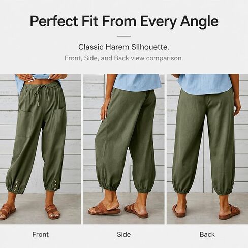 Women's High Waist Style Loose Pants Drawstring Capri Pants with Pockets Wide Leg Ankle Cropped Pants for Women in Kuwait