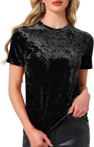 Allegra K Women's Velvet Top Crew Neck Short Sleeve Casual T-Shirt in Kuwait