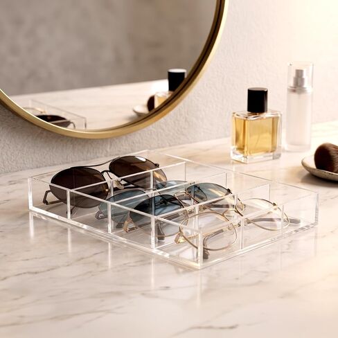 Amazing Abby - Soleil - Acrylic 4-Compartment Sunglass Organizer, Plastic Eyeglass Display Case, Transparent Jewelry Storage Tray, Clear Beauty Supply Holder, Great for Bedroom and Bathroom in Kuwait