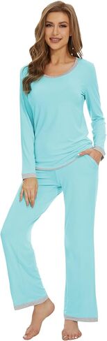 WiWi Women's Pajama Sets Soft Long Sleeves Top with Pants PJ 2 Piece Viscose from Bamboo Loungewear Set S-XXL in Kuwait