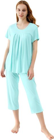 WiWi Viscose from Bamboo Pajamas for Women Capri Pants Pajama Sets Short Sleeve Sleepwear Set Top with Capris Pjs S-XXL in Kuwait