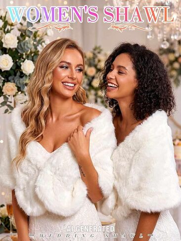 Jovono Women's Wedding Fur Shawls and Wraps Bridal Wedding Fur Stole with Rhinestone Brooch for Bride and Bridesmaids in Kuwait
