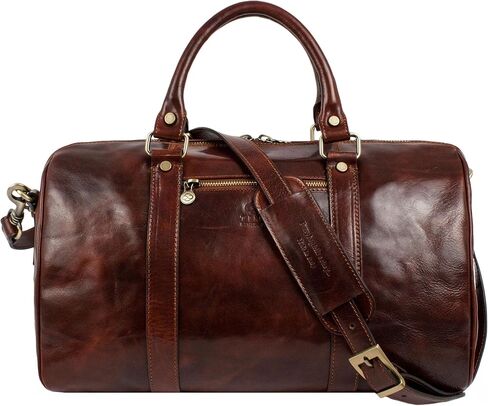 Full Grain Leather Small Duffel Bag Gym Bag Weekender Overnight Unisex Brown - Time Resistance (Cognac) in Kuwait