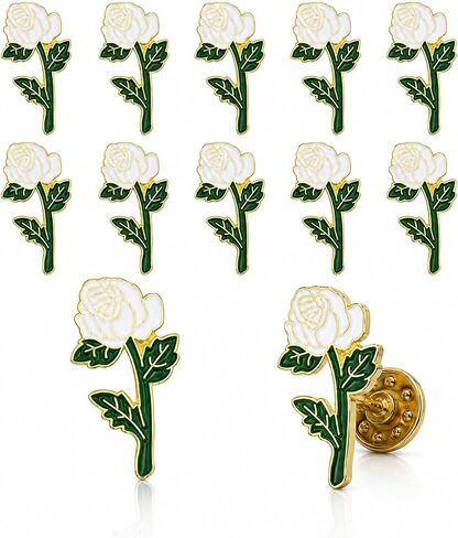 7/8 Inch Long Stem White Rose Lapel Pin - Package of 12, Poly Bagged in Kuwait