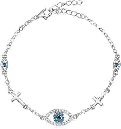 Blue Evil Eyes Link Bracelet, Evil Eye earrings, S925 Sterling Silver Dainty Cubic Zirconia Adjustable Link Lobster Claw Clasp Chain Jewelry Gift for Women Girls in Kuwait