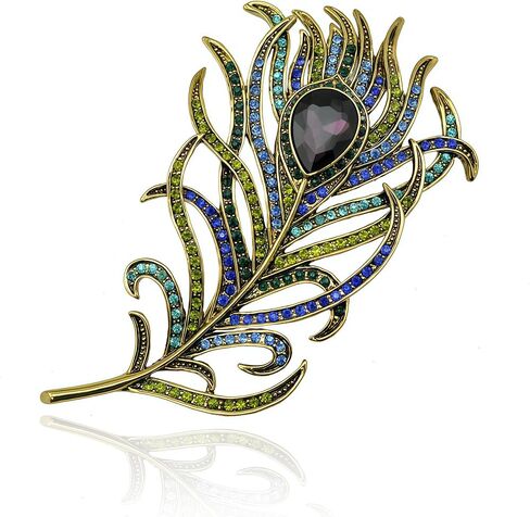 Reizteko Vintage Peacock Feather Crystal Rhinestones Teardrop Plume Brooch Pin (Purple) in Kuwait