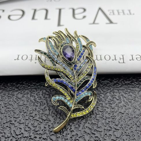 Reizteko Vintage Peacock Feather Crystal Rhinestones Teardrop Plume Brooch Pin (Purple) in Kuwait