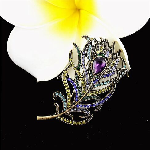 Reizteko Vintage Peacock Feather Crystal Rhinestones Teardrop Plume Brooch Pin (Purple) in Kuwait