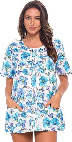 Casual Nights Women's Snap Front Smock Cobbler Woven Scrub Apron Top with Pockets in Kuwait