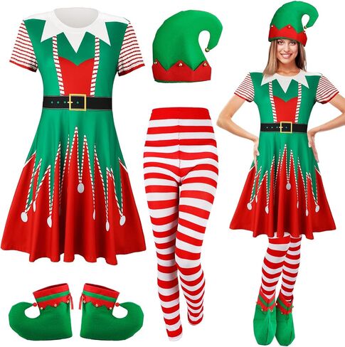 Floraltop 4 Pcs Girls Women Christmas Elf Costume Set Santa's Helper Including Christmas Elf Dress Elf Hat Striped Tights Elf Shoes for Women in Kuwait